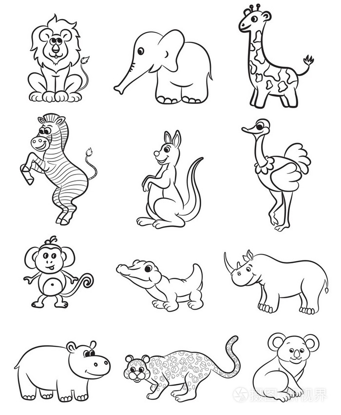 插画 超可爱的概述的动物园动物集合.矢量图.eps
