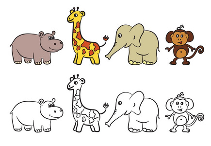 超可爱的动物园动物集合。图画书。矢量图