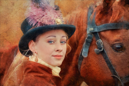 ladyxix century 与红马的肖像.模仿的老油画照片