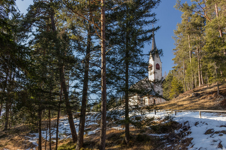 圣雅各布教堂俯瞰松树森林和雪场