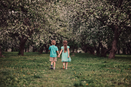 兄妹俩手牵着手，走在春天的苹果花园