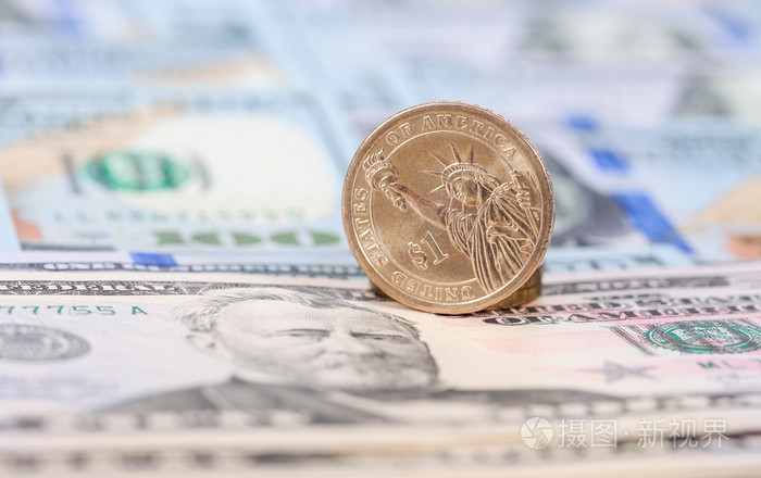 一个美国美元硬币纸币在关闭