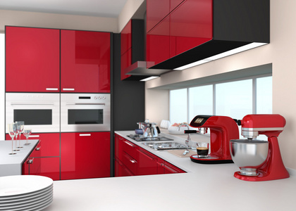 内政部现代厨房与时尚咖啡机，食品搅拌机。红颜色主题
