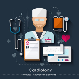  ardiology 在平面样式中设置。卫生保健和医疗的概念。矢量图