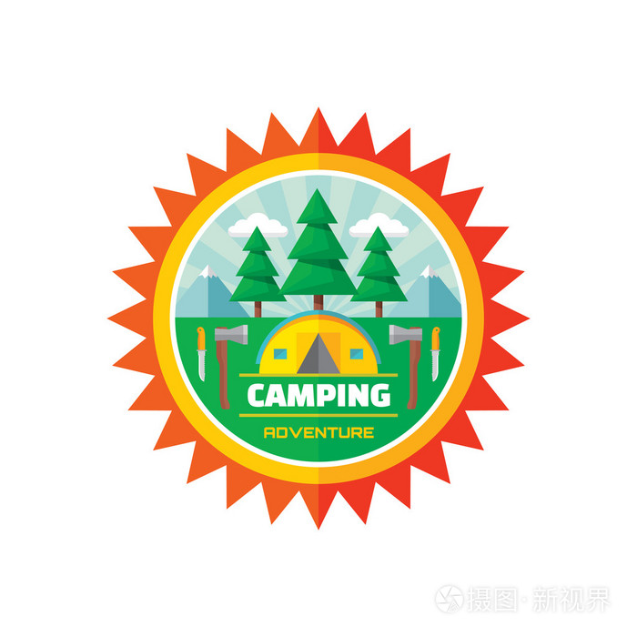 露营冒险平面样式矢量徽章插画野营的夏天矢量标志矢量标志模板设计