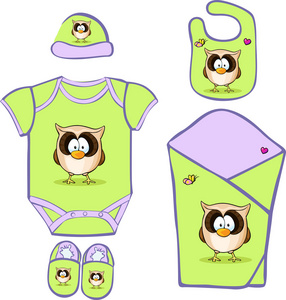 可爱的婴儿全套服装与可爱的猫头鹰矢量图