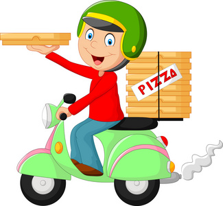 卡通比萨饼送货男孩骑摩托车
