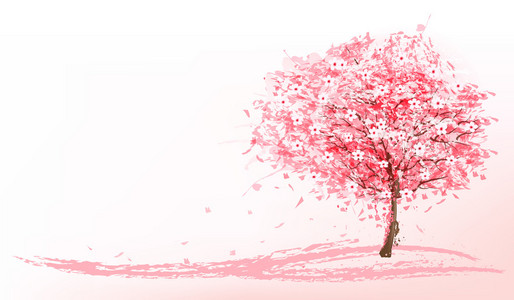 与粉红盛开的樱花树的美丽背景。矢量