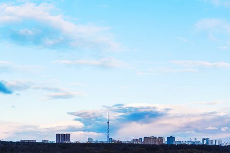 在市春季蓝色的夕阳的天空