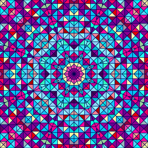 抽象炫彩的数字装饰花卉。几何对比线明星和蓝色粉红色红色青色彩色艺术背景