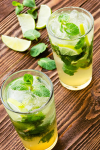 两个新鲜 mojitos 鸡尾酒。薄荷叶 石灰 Mojitos