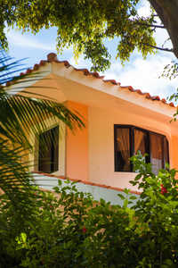 在多米尼加共和国，自己的游泳池的豪华别墅。与美丽的花园的加勒比海度假胜地。花间古典西班牙房子