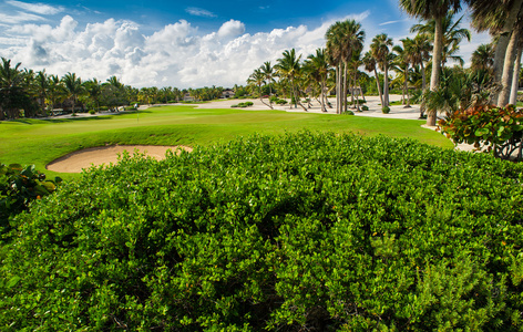 高尔夫球场在热带天堂。夏季假日在多米尼加共和国