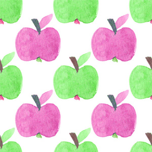 无缝水彩图案与有趣的绿色和粉红色苹果在白色的背景，水彩画。矢量图