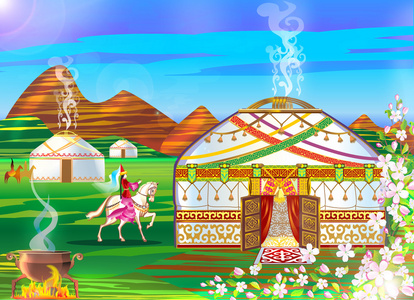 村庄,村庄,蒙古包, 马, 天空, 山脉, 草原, 字段,人住在蒙古包照片