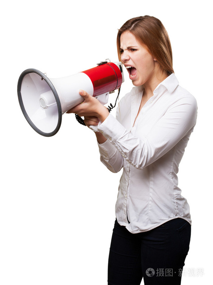 金发碧眼的女人,拿着喇叭