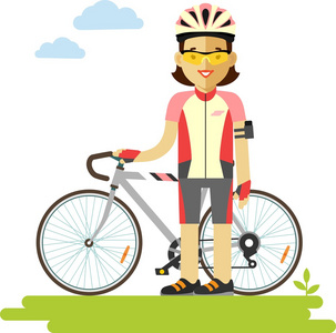 年轻车手骑自行车的人女人在平面样式的自行车