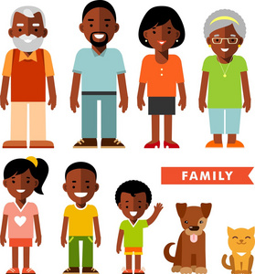非洲裔美国种族家庭成员在平面样式集