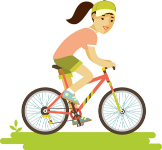 年轻的自行车骑手女人在平面样式的自行车