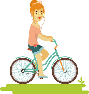 年轻自行车骑手时髦女人在平面样式的自行车