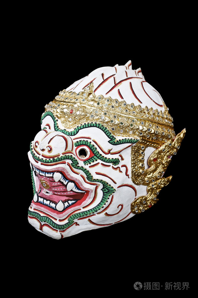 泰国传统演员面具,男性蒙面的泰国舞蹈戏剧, 华孔敬孤立在黑色背景上