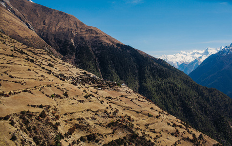 如画的风景，在尼泊尔的安纳布尔纳山的道路上。安纳布尔纳徒步路径