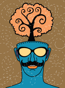 时髦手绘人体头部与树