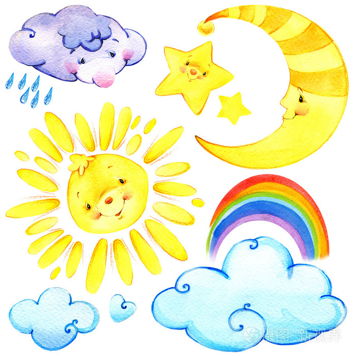 水彩太阳云月亮星星彩虹