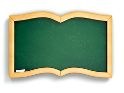 教育理念。在书的形状的绿色黑板
