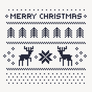 圣诞冬季模式打印泽西岛或 t 恤。像素鹿和圣诞节的树木在白色的背景