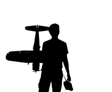 年轻人与 Rc 飞机和一个控制器，黑白色的背景，与副本空间上的剪影