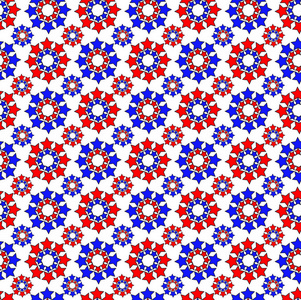 红色和蓝色的星星，在大和小的圈子里，无缝背景图案