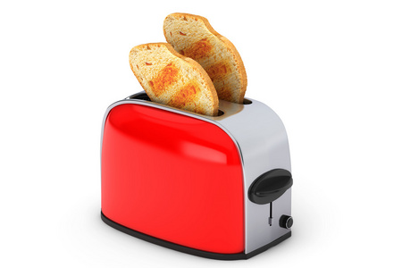 厨房电器。冒出复古红色烤面包机烤面包