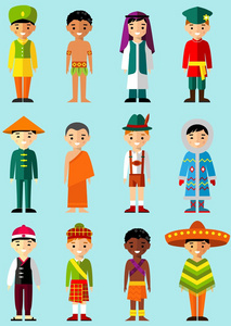 矢量图的多元文化国家的儿童，在传统服饰的人