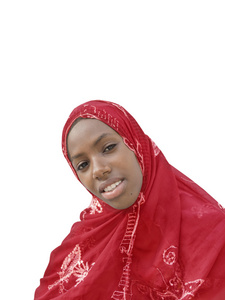 戴着红色的头巾,孤立的年轻黑人美女照片