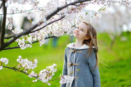 小女孩在盛开的樱花园