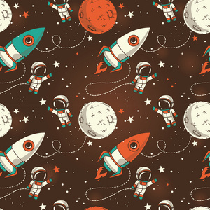 无缝背景与可爱涂鸦宇航员，行星，火箭和明星