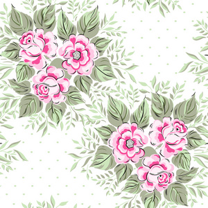 美丽无缝花卉图案，花卉矢量图。优雅壁纸与粉红玫瑰的花香背景