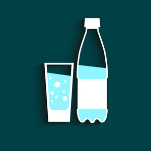 瓶水和玻璃。矢量图