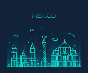 墨西哥城市天际线详细的剪影。时尚矢量插画，线条艺术样式