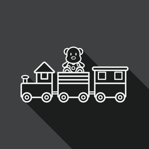 火车玩具平面图标，长阴影10线图标