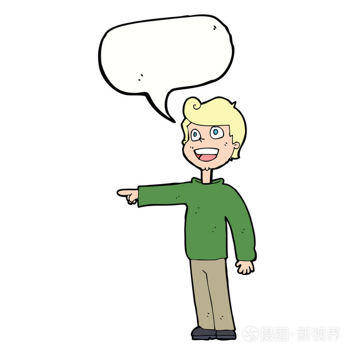 卡通人指向和笑与讲话泡泡