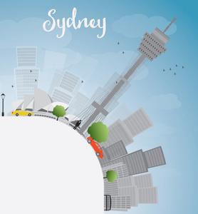 悉尼城市天际线与蓝色的天空 摩天大楼和副本空间
