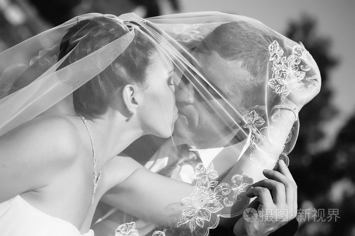 新娘和新郎在手拿鲜花花束的面纱下的亲吻照片-正版商用图片1j2ssa-摄