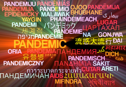 发光的大流行性流感多语言 wordcloud 背景概念