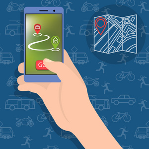 一个手拿着一部智能手机。选择从家运输工作的概念。步行，乘汽车或公共交通工具上