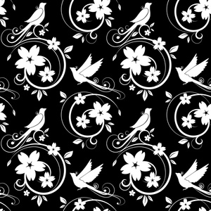 白色的鸟和花无缝图案黑色