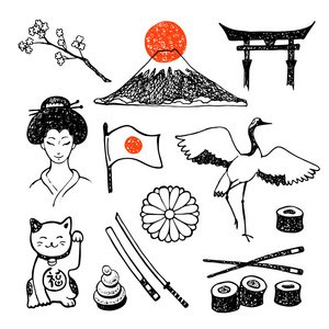 日本文化元素集的一组关于日本文化的手绘插图浮世绘女夏季矢量雕刻