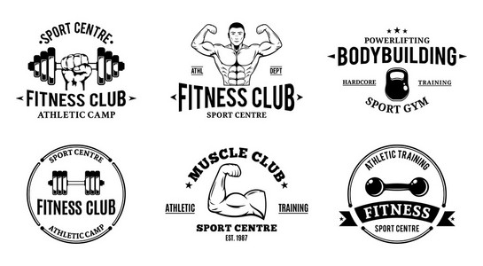 体育和健身标志模板，健身房铅字，竞技标签和徽章