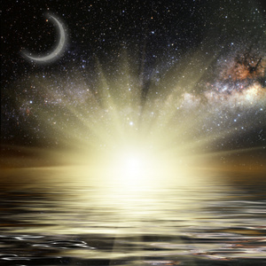 背景星空上的月亮和太阳照片